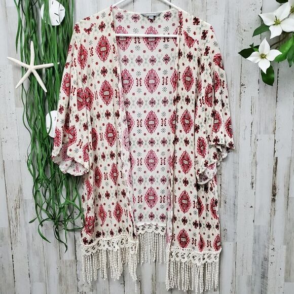 Lovesick Boho Fringe Cardigan Kimono Ivory Red Size OS - Picture 4 of 8